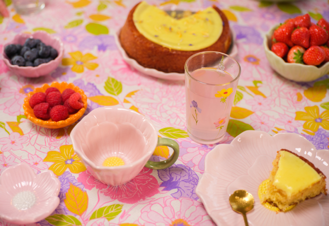 Floral themed cups, plates and glass